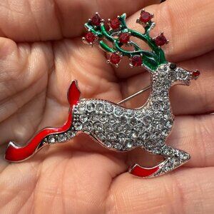 Reindeer Brooch Silver Rhinestone Holiday Pin Red Green Enamel